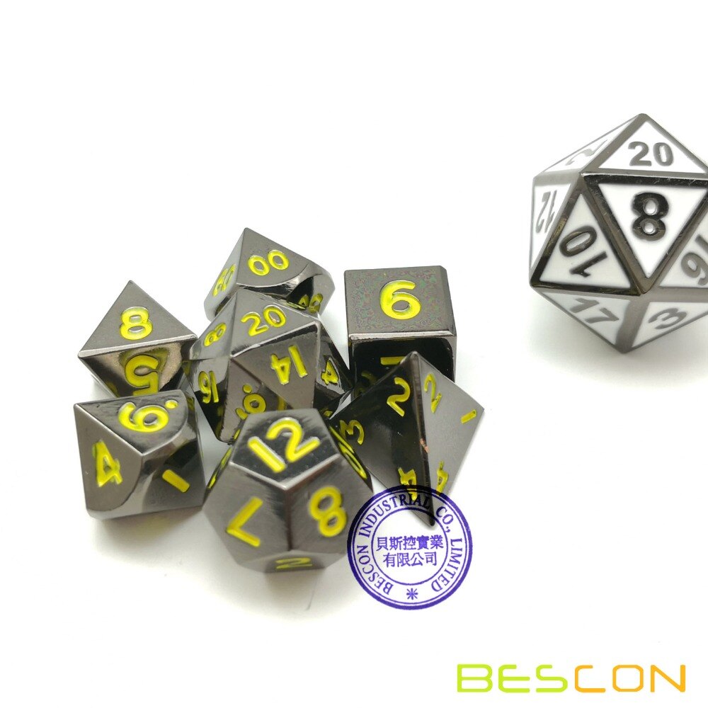 Bescon 10 MM Mini Solide Metalen Dobbelstenen Set Glossy Zwart met Gele Nummers, mini Metallic Polyhedral D & D RPG Miniatuur Dobbelstenen 7-sets