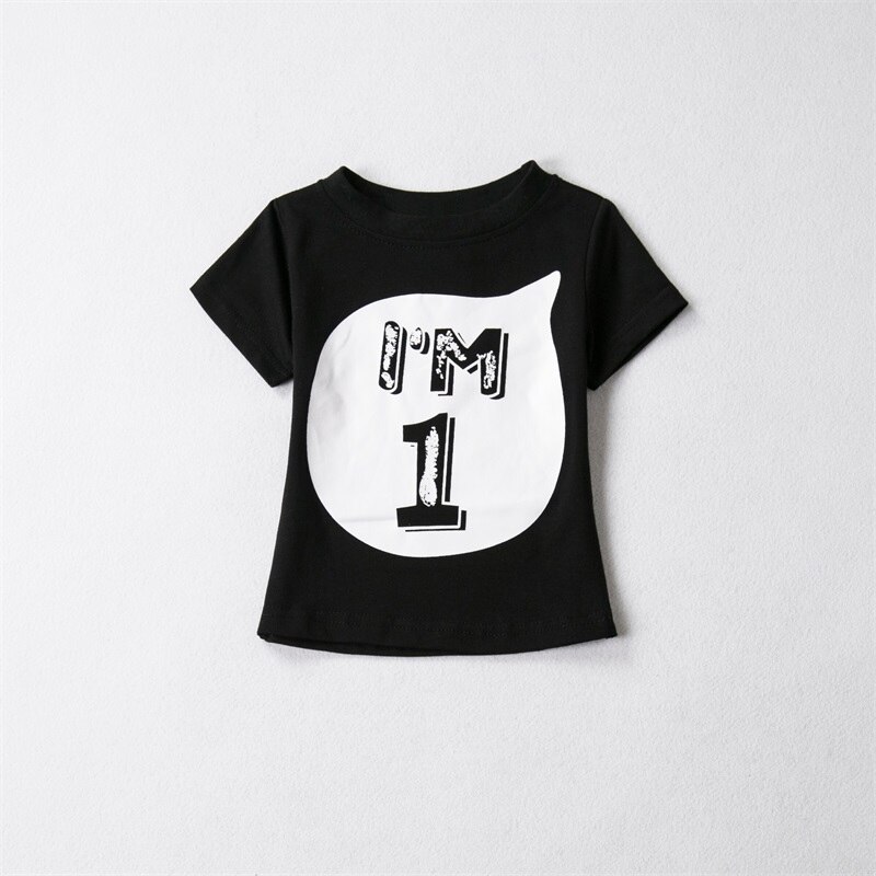 Unisex sommer t-shirt pige bomuld brev toppe baby pige tøj 1 2 4 år fødselsdag toddler dreng skjorter fest slid tøj: Sort 1