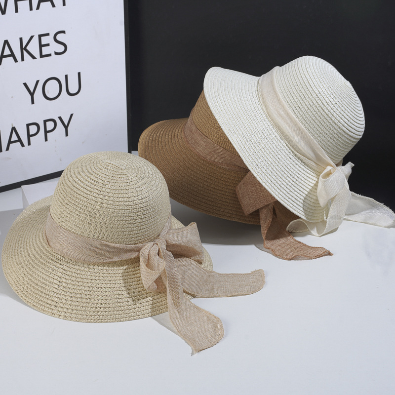 Beach Hat Japanese Everything Hairy Edge Straw Hats Female Summer Flat Top Outing Sun Hats Small Fresh Bow Sun Shade Beach Hat