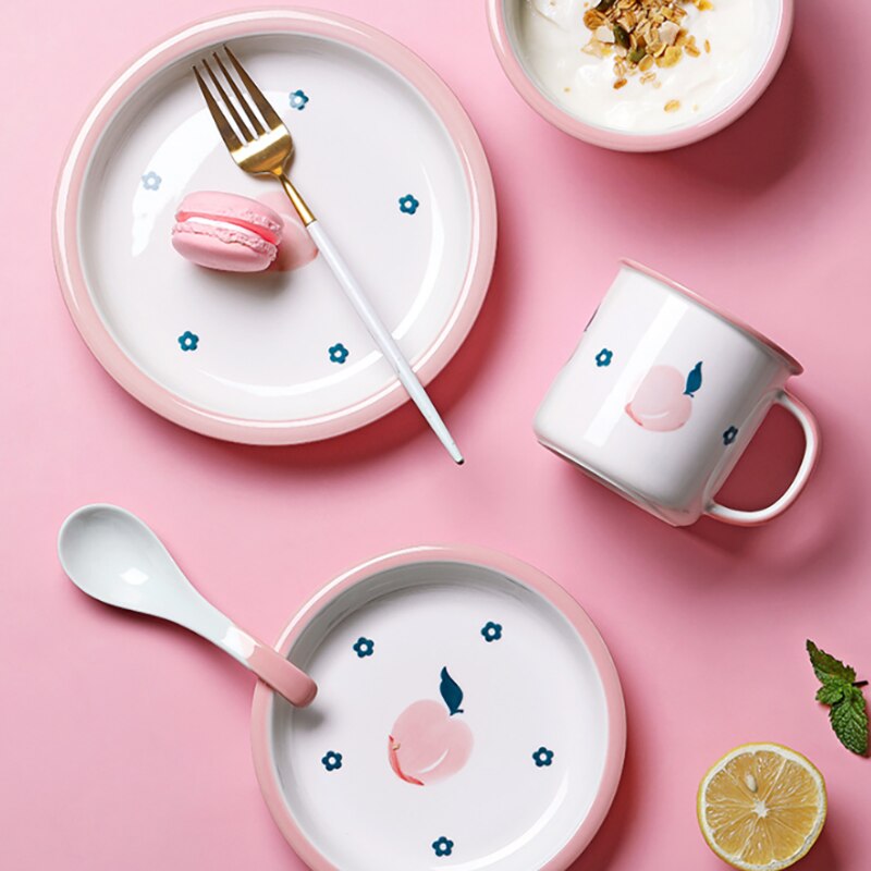 Keramische Diner Borden Kommen Set Leuke Bloem En Perzik Patroon Huishouden Enkele Grote Servies Vajilla Тарелки Для Еды