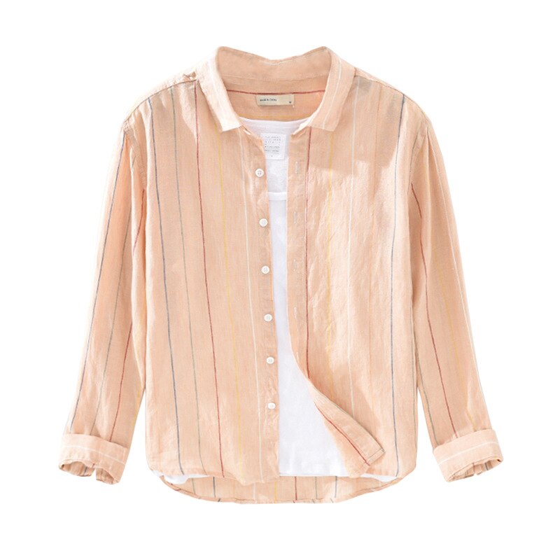 Gestreept overhemd van zuiver linnen voor heren, lange mouwen, ademend, gemaakt van hennep, gml 03-1932