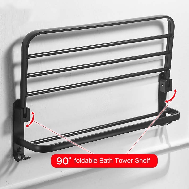 Matte Black Movable Bath Towel Holder No punching Wall Mounted Bath Towel Shelf Folding Towel Holder Towel Bar with Hooks