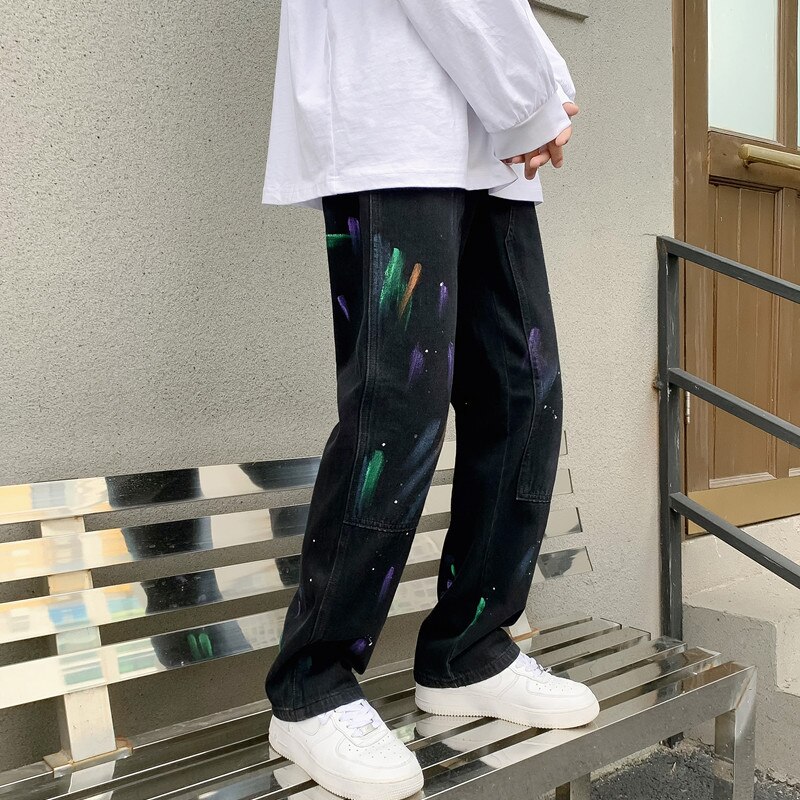 Cotton Graffiti Jeans Men Retro Baggy Casual Straight Jeans Men Streetwear Loose Hip-hop Denim Pants Mens Trousers S-2XL