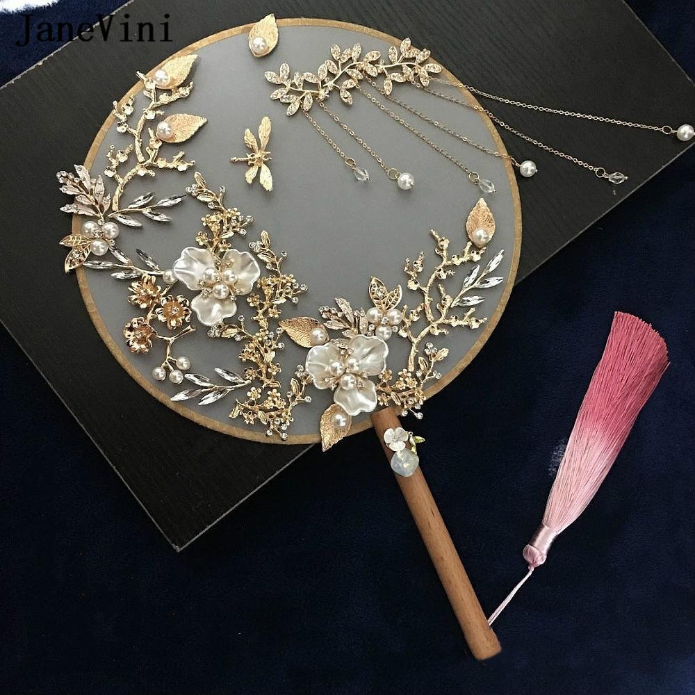 JaneVini-ramo de flores hecho a mano con cuentas de oro chino, accesorios de boda, perlas, Metal, redondos