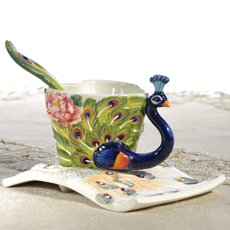 Creatieve Keramische Koffie Kopjes Met Schotel Thee Melk Cup Set met lepel Pauw Drinkware-Z0050