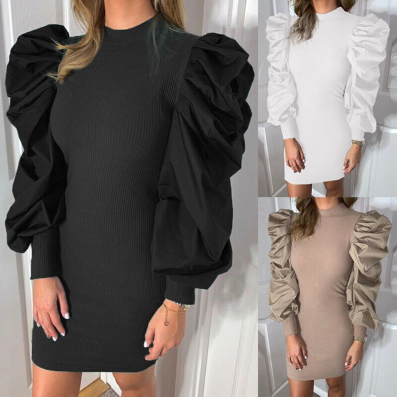 Women Long Puff Sleeve Ribbed Knit Jumper Mini Dress Ladies Party Bodycon Dress