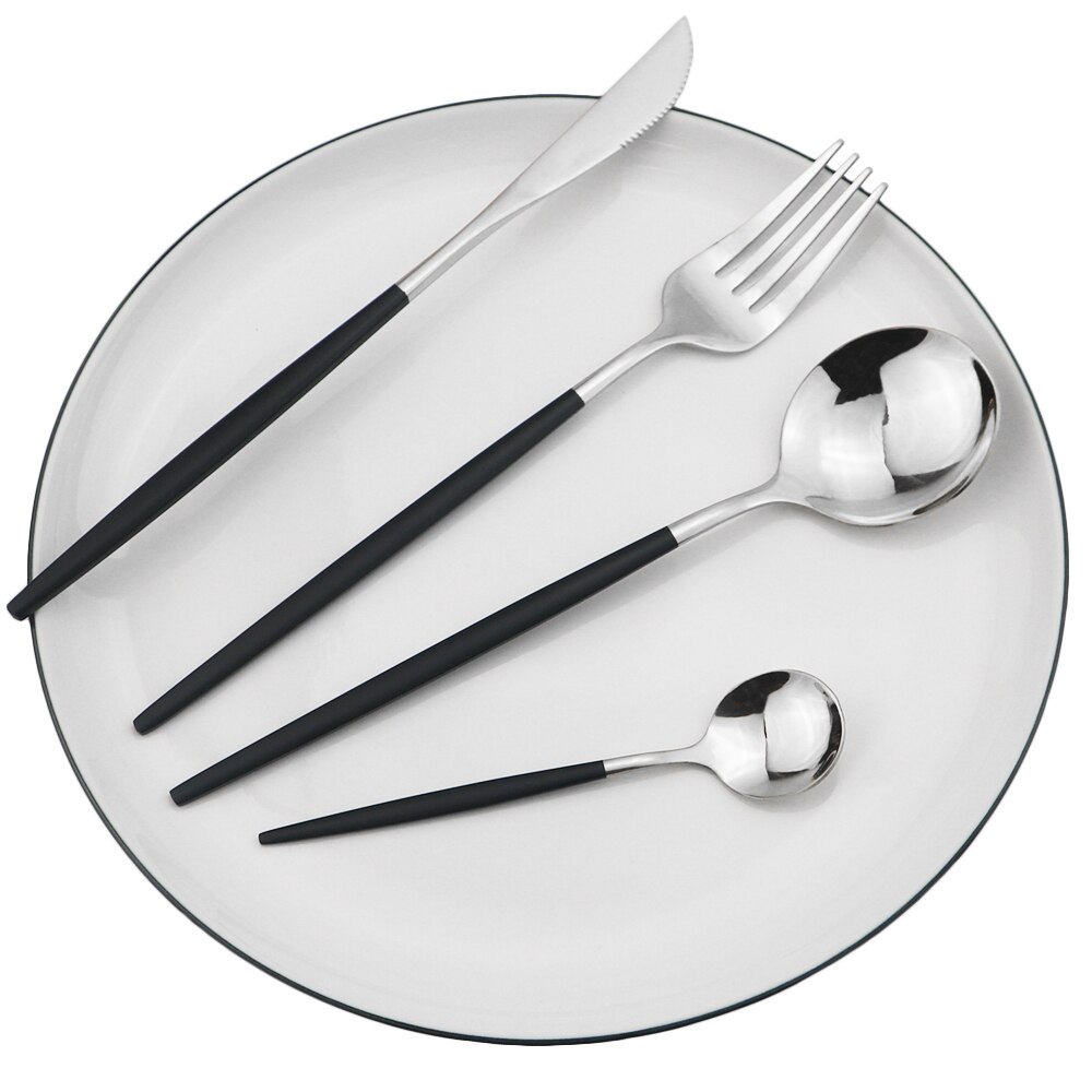 Silver Cutlery Set Stainless Steel Dinnerware Set Knife Dessert Fork Coffee Spoon Dinner Set Kitchen Tableware Silverware Set: 4Pcs Black Silver