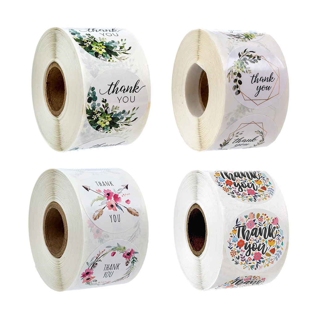 1 inch 500Pcs/Roll Round Floral Thank You Stickers Label for Wedding Favors and Party Handmade Stickers Envelope Seal