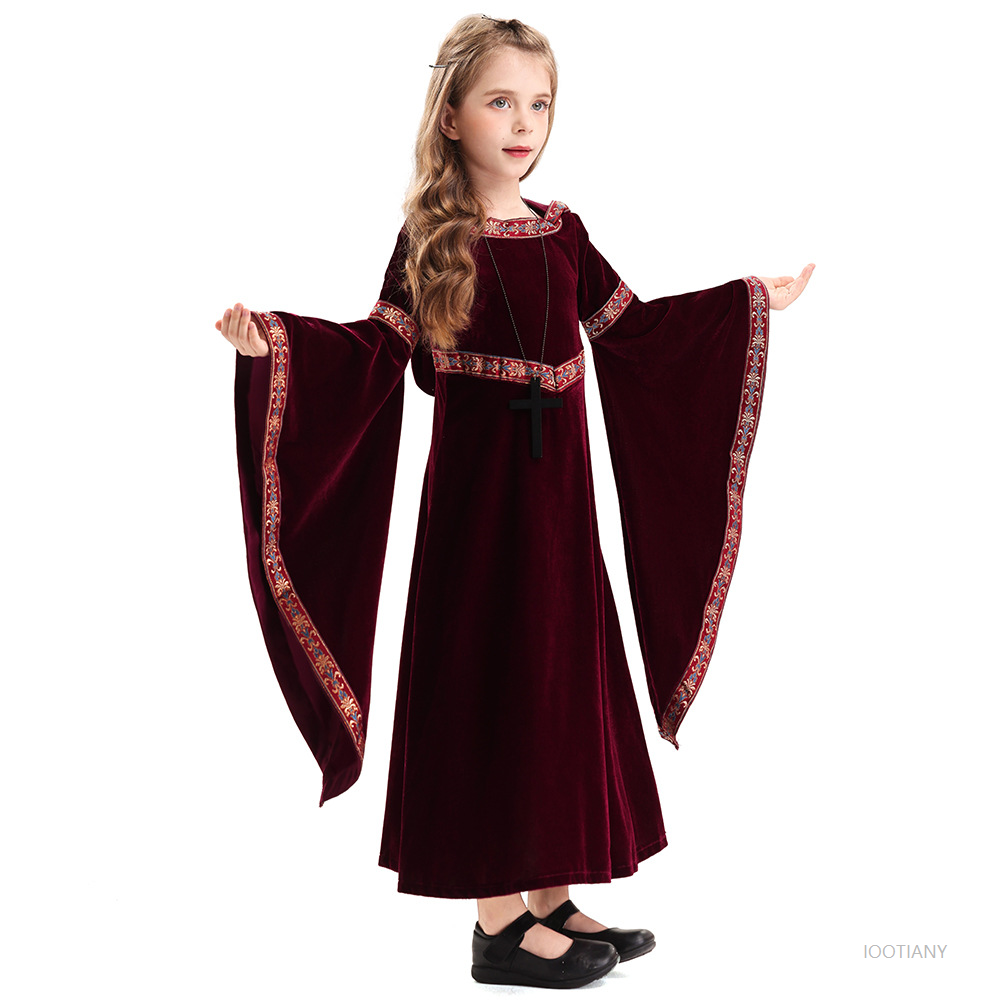 Traje de halloween traje da morte das crianças medieval retro gótico vampiro com capuz bruxa saia longa carnaval festa role play vestido