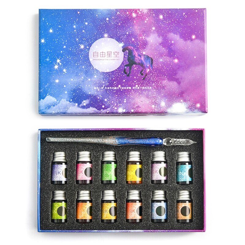 Crystal Starry Sky Glass Ink Pen Glass Dip Pen For Writing Fountain Pen Set 40JB