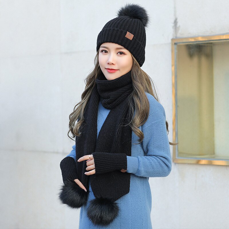 , conjunto de guantes de lana para invierno, bufanda, conjunto de guantes gruesos para mujer, gorro y bufanda suave, gorro para chicas, Gorro con pompón de bola