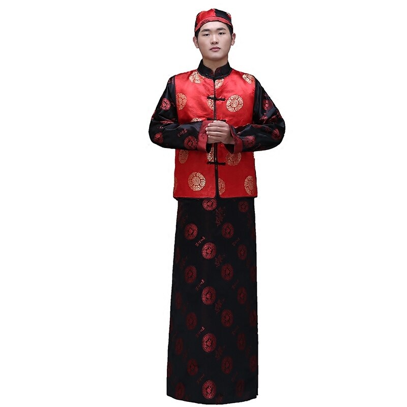 Mens Chinese Traditional Wedding Dress Clothing Set Vest + Robe + Hat Groom Toastmaster Clothing Tang Suit Costume For Men: L