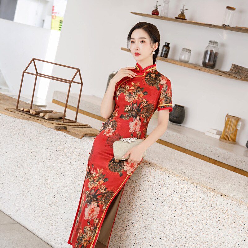 Chinese Qipao Mandarin Collar High-Split Red Cheongsam Short-Sleeve Vintage Stage Show Dress For Women Plus Size 3XL 4XL