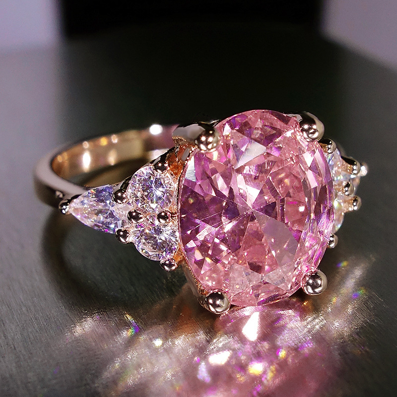 Pink Zircon Big Oval Stone Ring Female Shining Crystal Engagement Rings For Women Vintage Rose Gold Silver Color Wedding Jewelry: 10 / WHITE