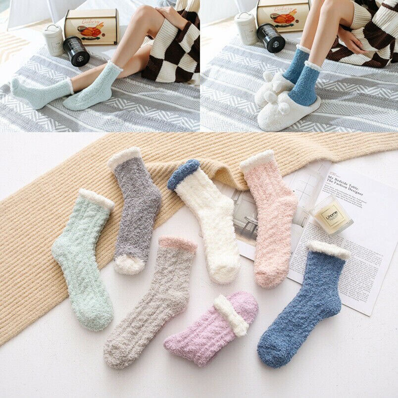 Chaussettes Kawaii en molleton de corail, résistantes au froid, chaudes, épaisses, en velours, couleur bonbon, en coton, pour dormir en hiver