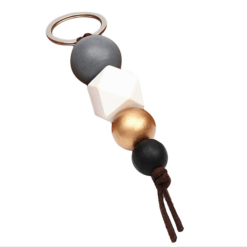 Multicolor Geometric Wood Beads Keychain For Bag Round Wooden Beads Keyrings Bag Accessories: E1842