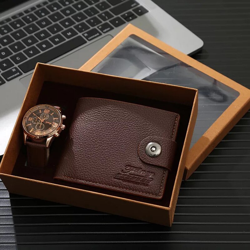 Herreure quartz armbåndsur med foldespænde læder pung sæt til mænd kæreste far fars dag: Brune sæt