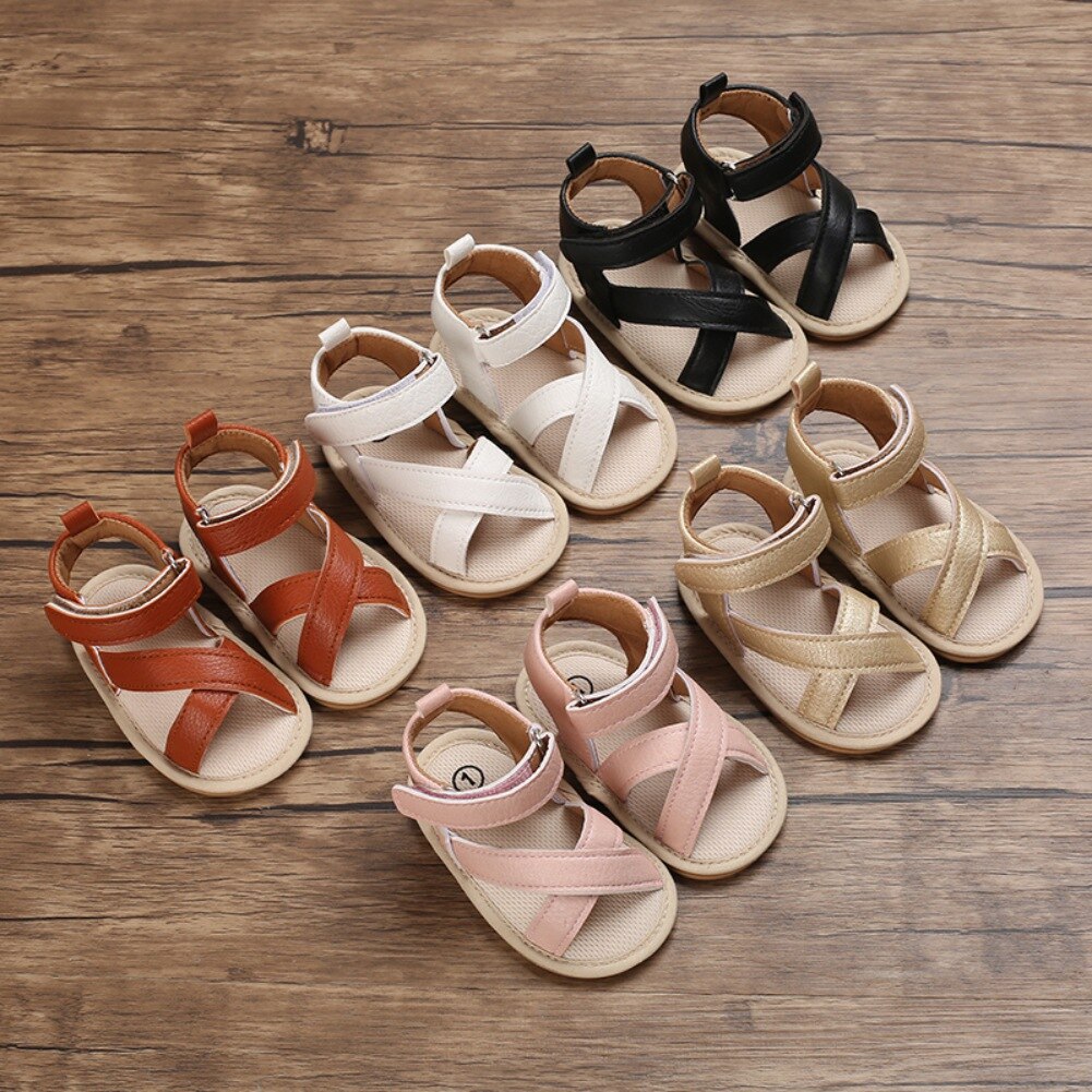 Sandales d'été classiques pour bébés filles et garçons, semelle souple antidérapante à bretelles croisées décontractées, chaussures d'extérieur en PU pour premiers pas des tout-petits