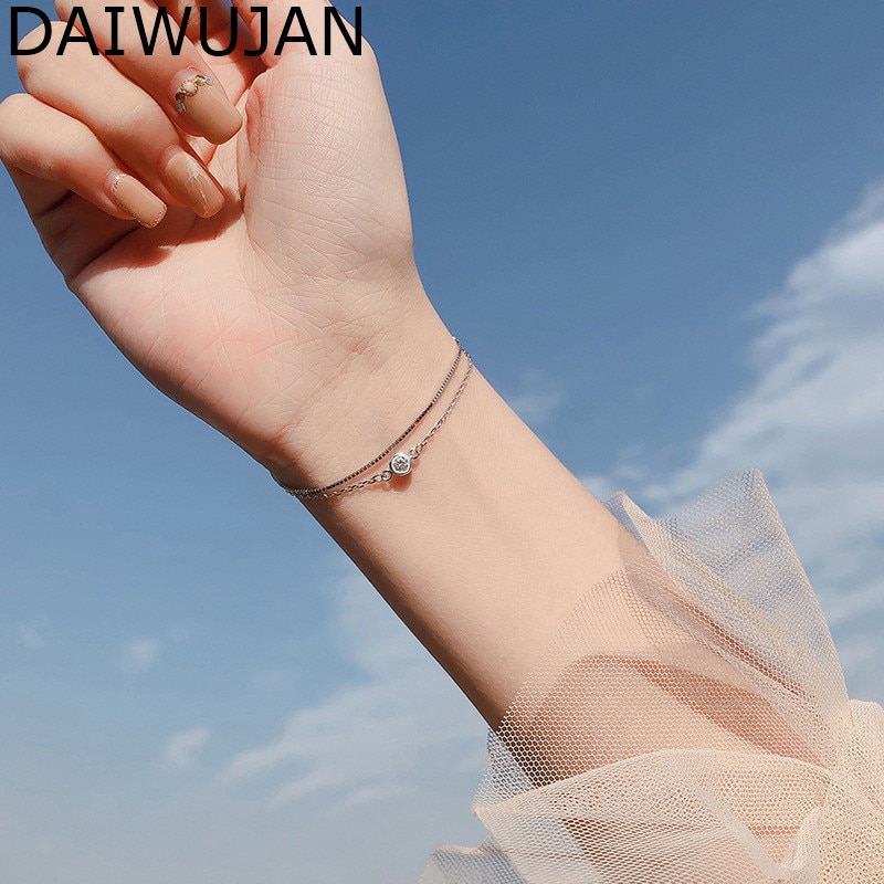 Pulsera de cadena de plata de ley 925 para mujer, brazalete con abalorios de diamantes redondos de doble capa, joyería para mujer