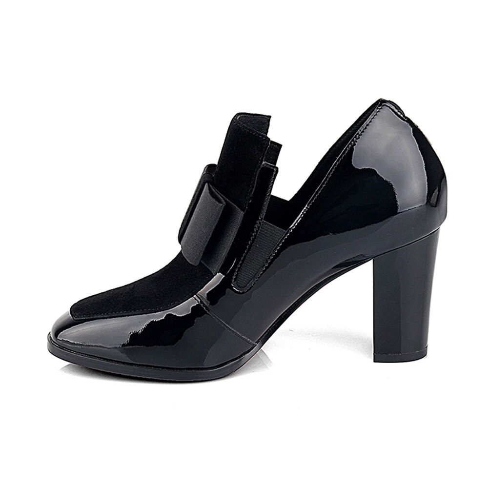 Escarpins femme noeud papillon bout carré cuir verni noir talons épais talon escarpins bottines chaussons chaussures en cuir verni