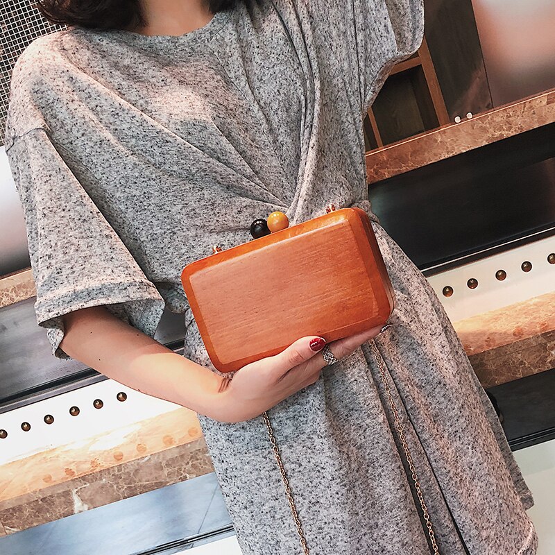 Bolso de mano de Vintage para mujer, de madera de estilo Simple, Mini bolso de noche con cadena, bolso de hombro femenino, Bolsa con solapa