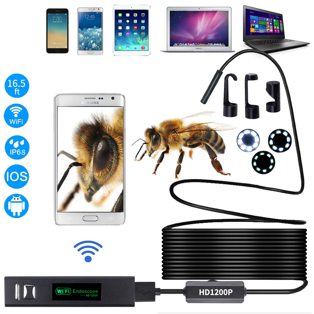 5M Hd 1200P Draadloze Wifi Endoscoop Voor Ios Android Pc Mini Waterdichte Semi Stijve Inspectie Camera 8 Mm lens 8LED Borescope