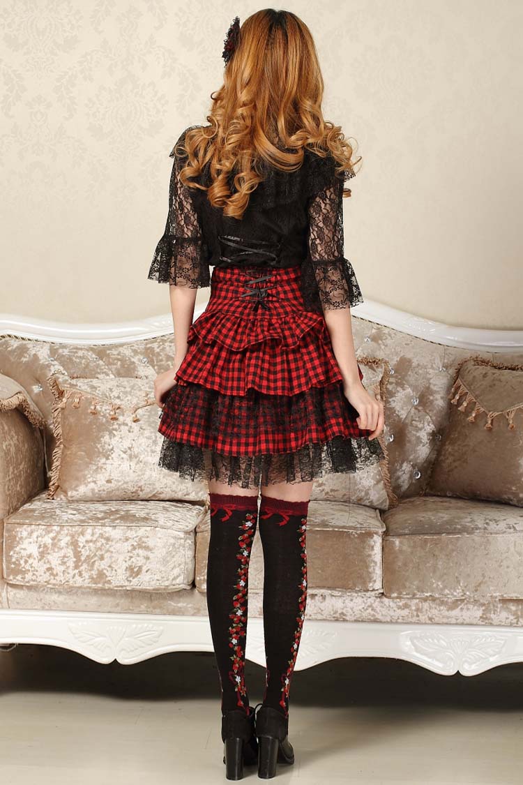 Sweet College Style Punk Plaid Black and Red Layered Skirt