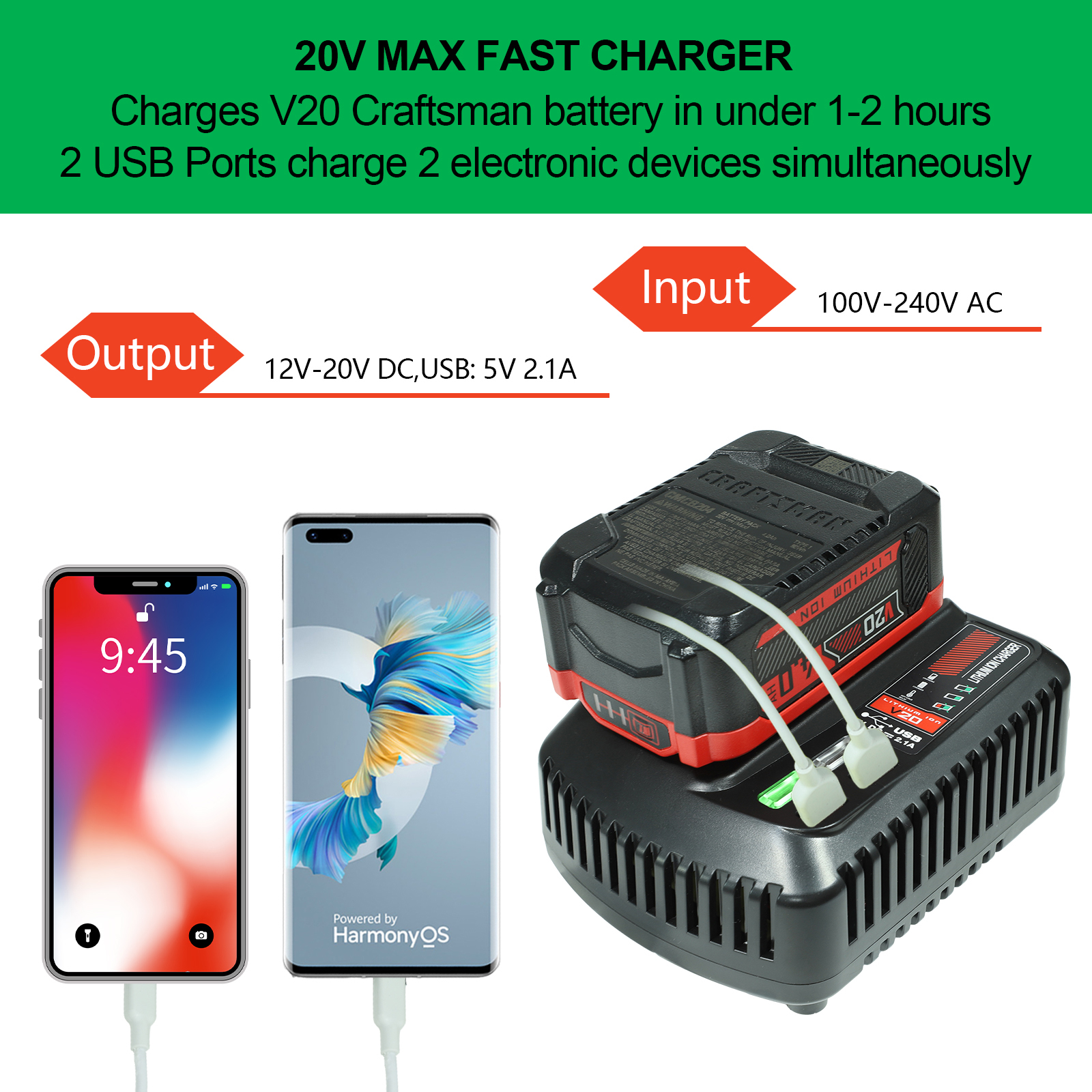 Fast Charger For Craftsman 20v 2A Li-ion Battery 100V/240V with 2 USB-A Ports Rechargeable Power Tools CMCB202 CMCB204 CMCB206