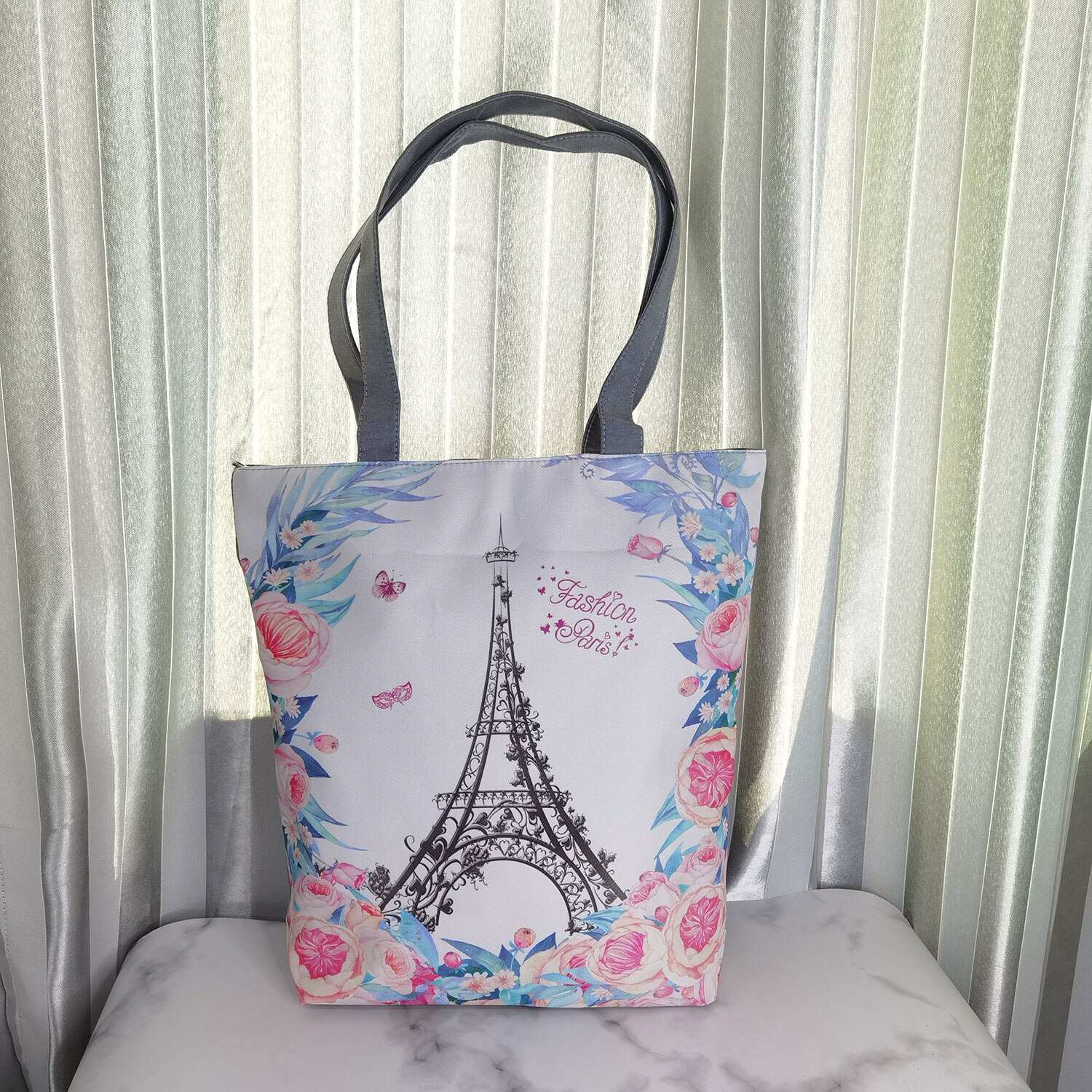 Bloemen Eiffeltoren Gedrukt Tote Paris Landschap Strand Tas Vrouwen Reizen Schoudertassen Dames Draagbare Boodschappentas Eco Handtassen