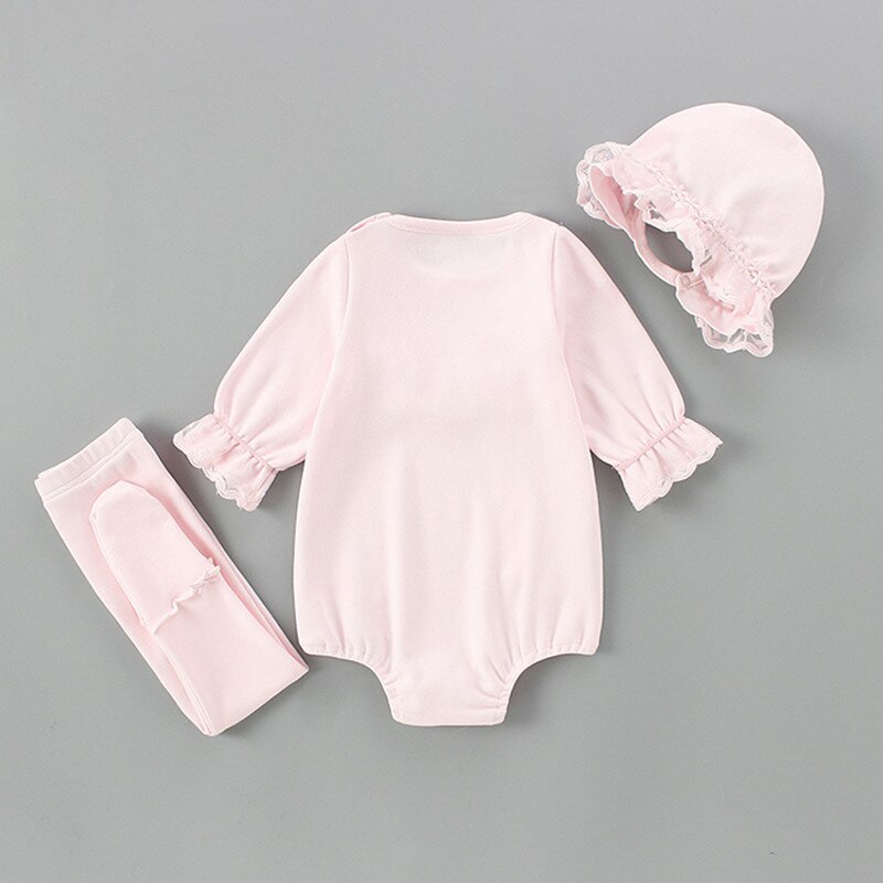 Børn efterårstøj nyfødte blonder baby piger tøj spædbarn bodysuit + hat + stram 3 stk / sæt jumpsuit legetøj outfit 0-2y