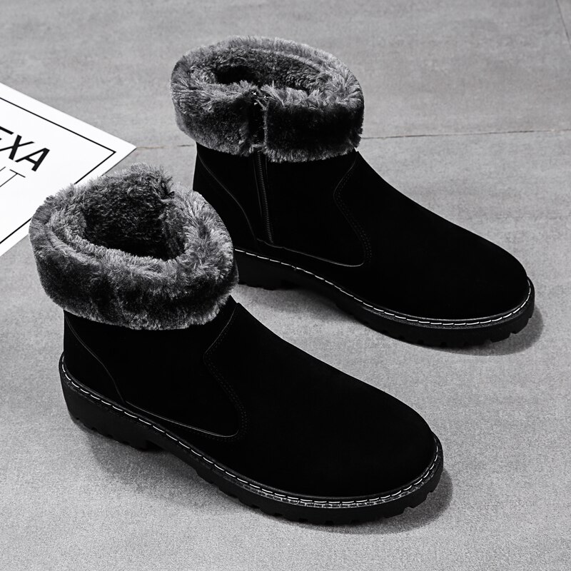 Klassieke Mode Mannen Enkel Echt Leer Snowboots Shearling Wol Bont Gevoerde Winter Laarzen Houden Warme Schoenen Waterdicht Grijs: black / 44