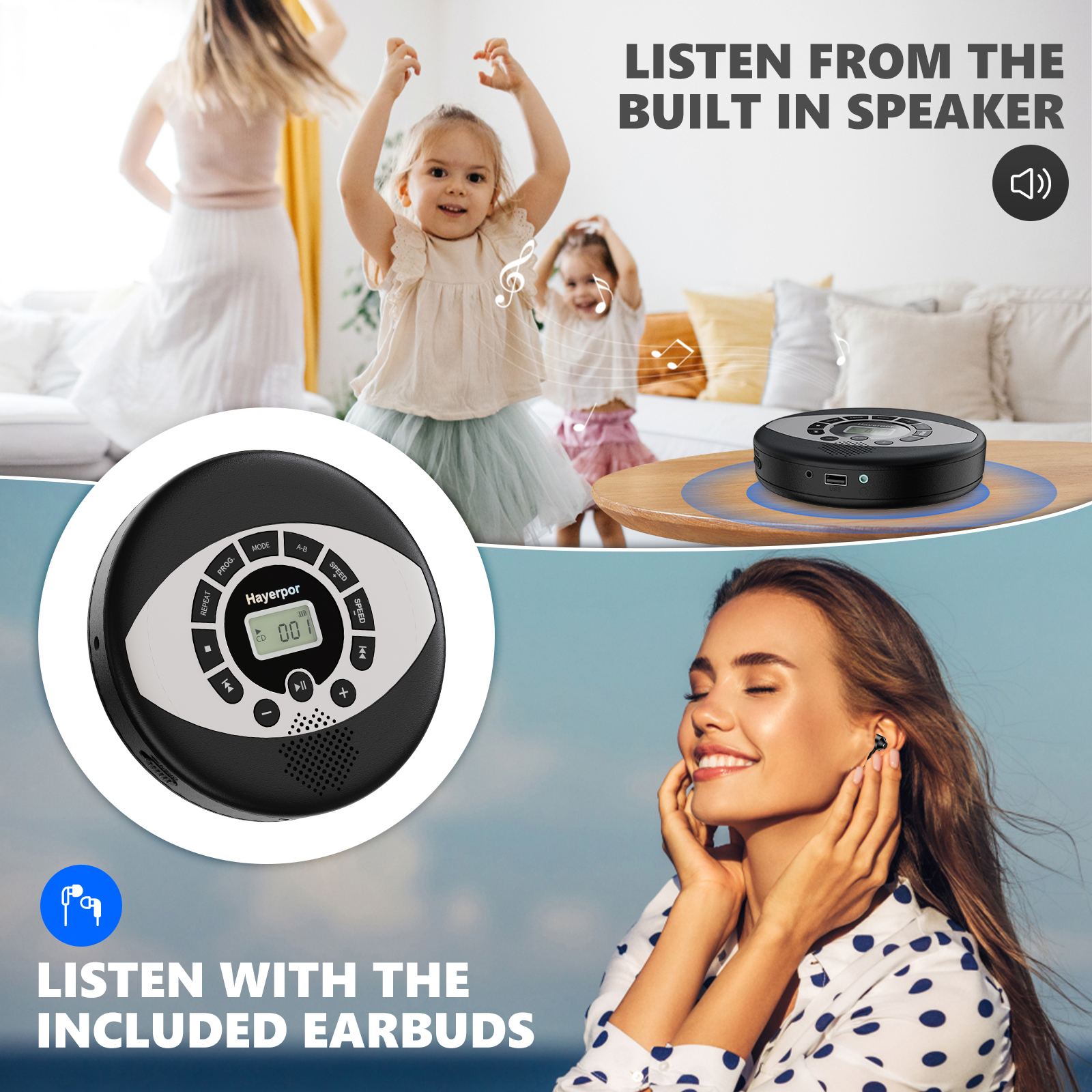 Discman rechargeable cd walkman with speaker portable cd player with USB,anti-skip protection,earbuds included,cd player for car