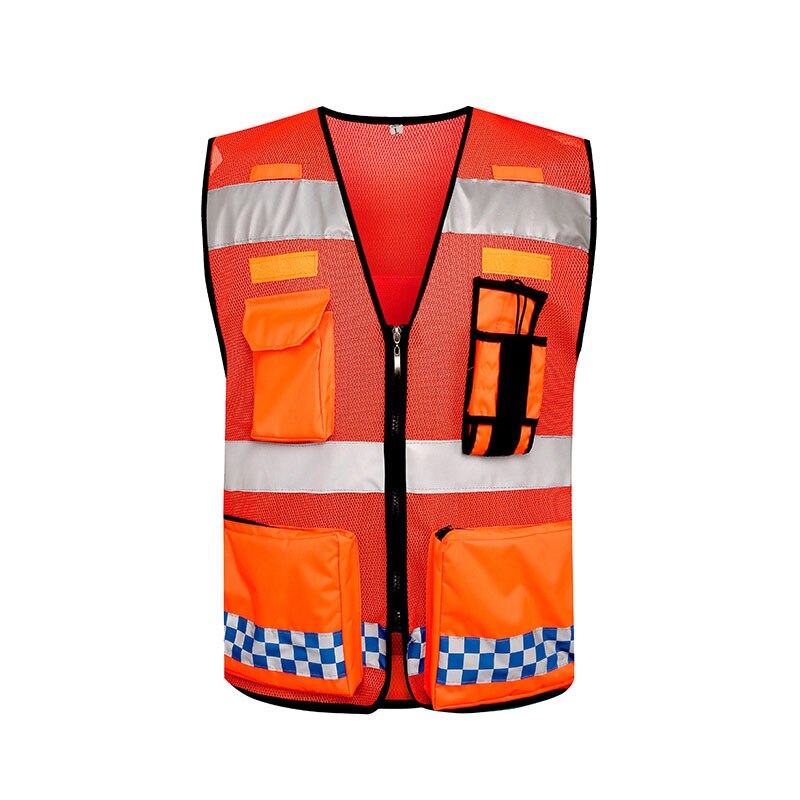 Multi-Pockets Reflective Safety Zipper Front Vest High Visibility ANSI Class Plus Size S-4XL: Orange / XL