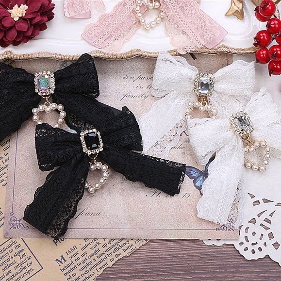 【1 par】Pinzas para el cabello Lolita, accesorios para el cabello de encaje, accesorios de perlas, artículo para niñas, accesorios Y2K, lazos para el cabello, pasador para el cabello para niña, cosa bonita