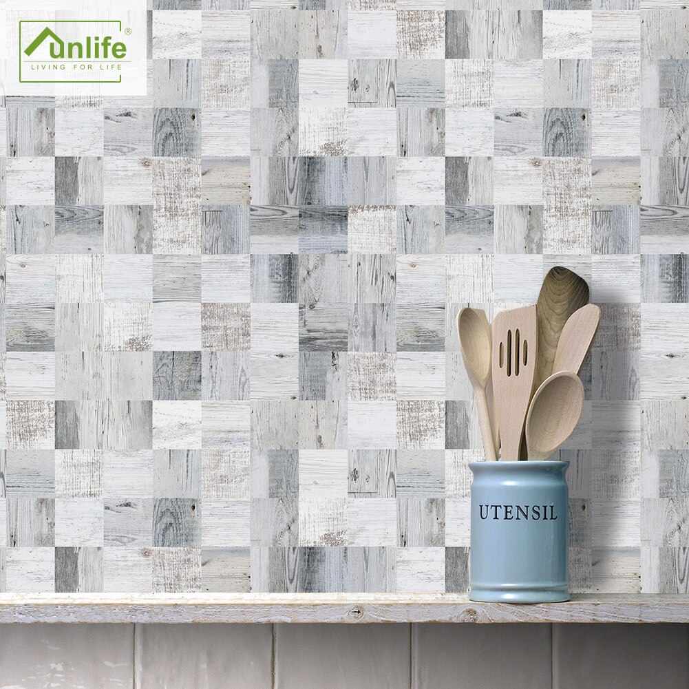 Funlife®Pegatina de azulejo de mosaico de madera gris, pegatina de pared de pelar y pegar, autoadhesiva fácil de limpiar, antisalpicaduras para cocina, DIY