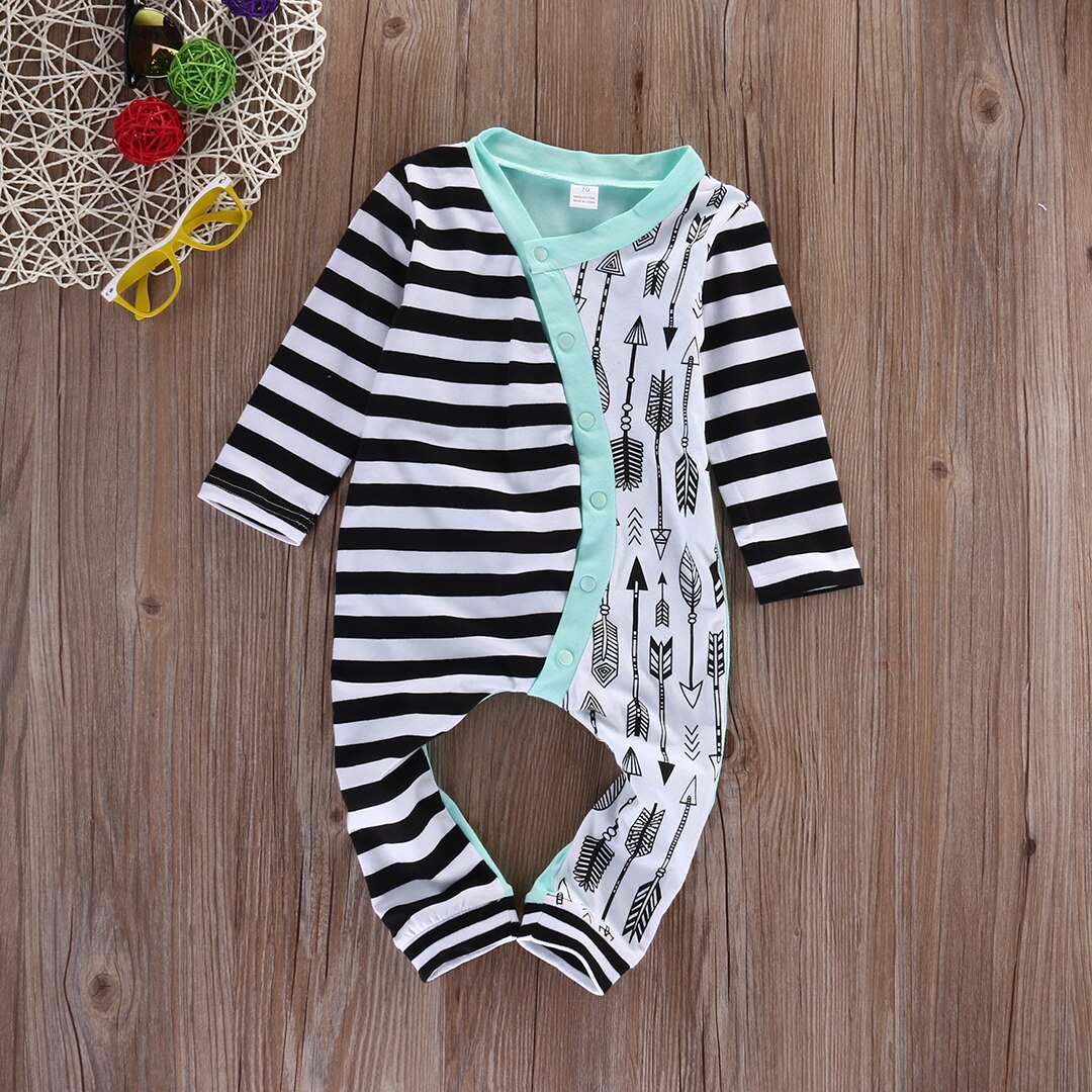 Autumn Infant Baby Girl Boy Stripe Arrow Print Romper Striped Splice Long Sleeve Jumpsuit Outfits Clothes