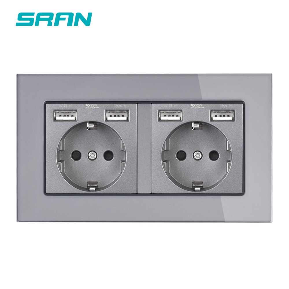 Sran eu standard vägg flerrams eluttag med usb-kontakt jordad svart glas dubbel usb-uttag 4 laddningsportar: 146 a6 grå 2 geuusb
