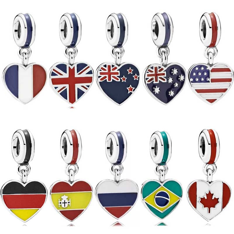 DIY Charm France Germany Spain USA Russia Love Heart Flag Pendant 925 Sterling Silver Bead Fit Original Bracelet Jewelry