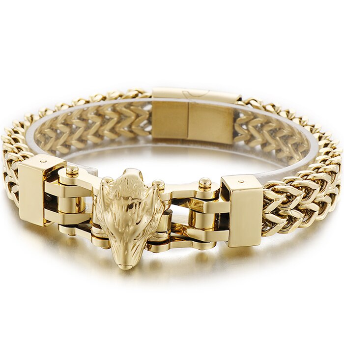 Edelstahl männer Armbänder Mit Wolf Köpfe 12MM Doppel Schicht Franco Link Curb Kette Armband Männer Punk Schmuck mit Tasche: Gold Color
