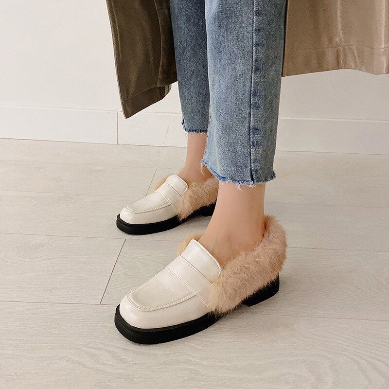 Casual Vrouw Schoen Loafers Bont Klompen Platform Ondiepe Mond Alle-Match Ronde Neus Lage Hakken Klimplanten Comfortabele Big Size rubber