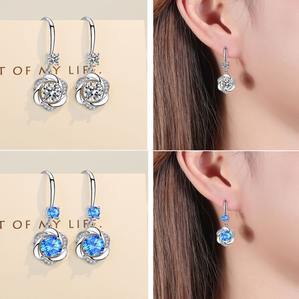 Nehzy 925 prata esterlina nova moda feminina jóias rosa azul branco cristal zircon mid-length borla trevo flor brincos