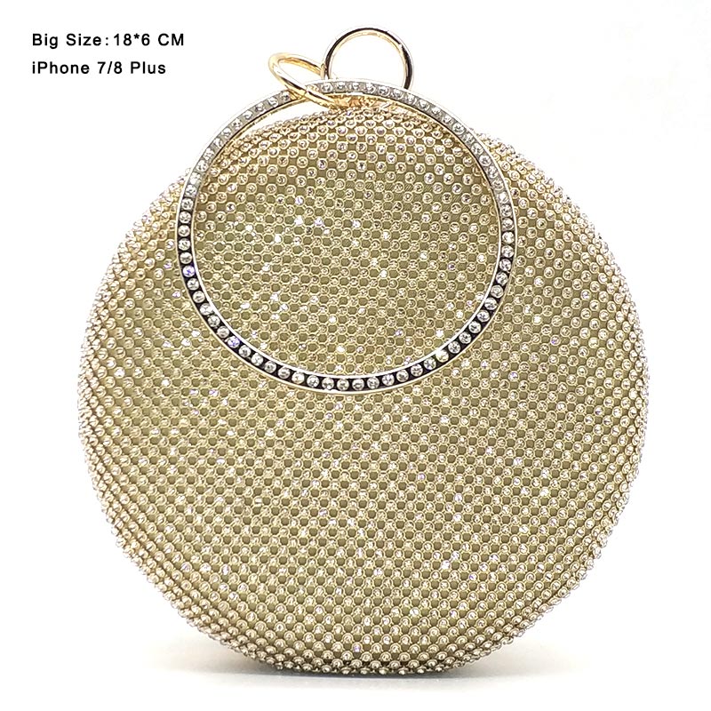 Crystal bag simple bridal wedding purse shining cross body bag women evening party crystal shoulder bag diamond circle round bag: Big  Gold