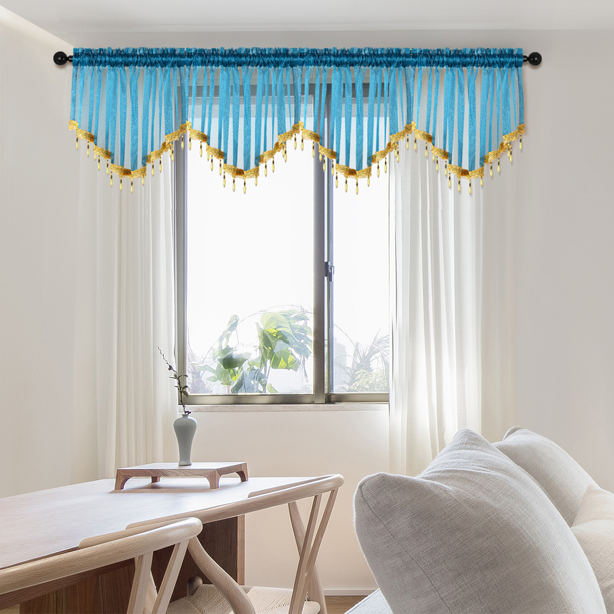 1Pc Pure Kleur Gordijn Valance Met Kralen, Staafzak, Modern Nieuw Valance Voor Woonkamer, Transparante Dunne Doorschijnende Valance