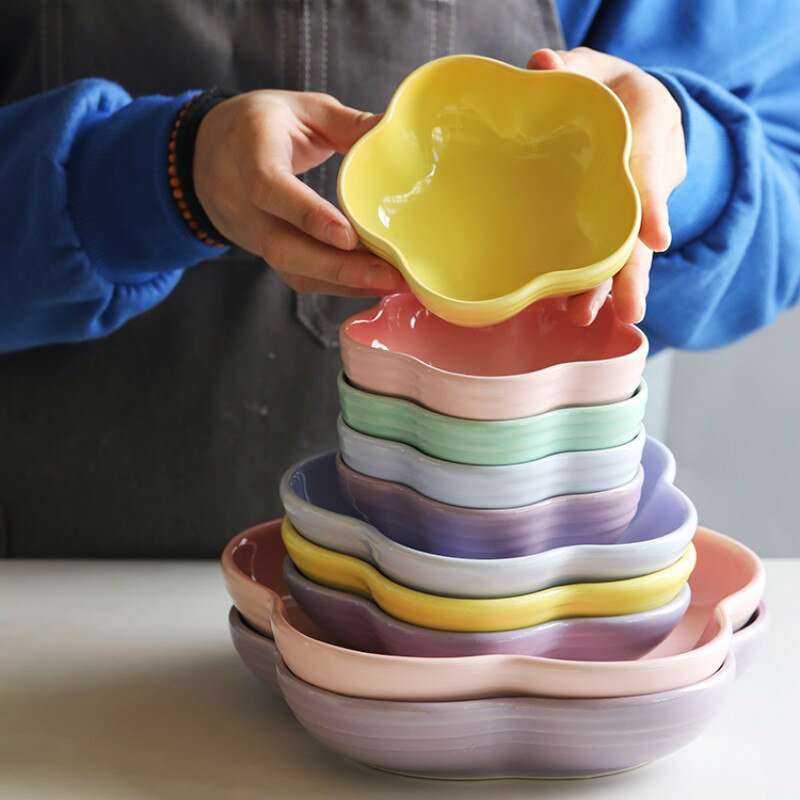 Céramique en forme de fleur profonde multicolore | Plat, soupe au riz, assiette à spaghetti, bol de collation aux fruits, assiettes à salade, fournitures de table pf9064
