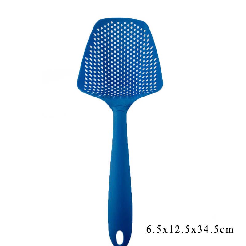 Kleurrijke vergiet lekkende schep filter groentezeef schep plastic draagbare multifunctionele keukenaccessoires filterlepel: Blauw