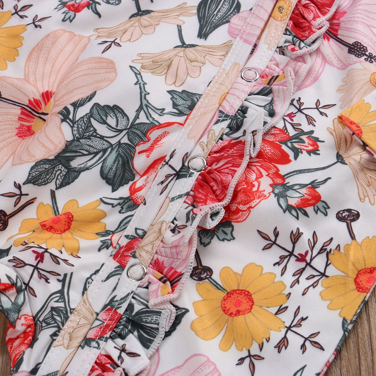 0-24M Peuter Baby Jongen Meisje Jumpsuit Lange Mouwen Ronde Hals Button Front Ruche Bloemen Romper