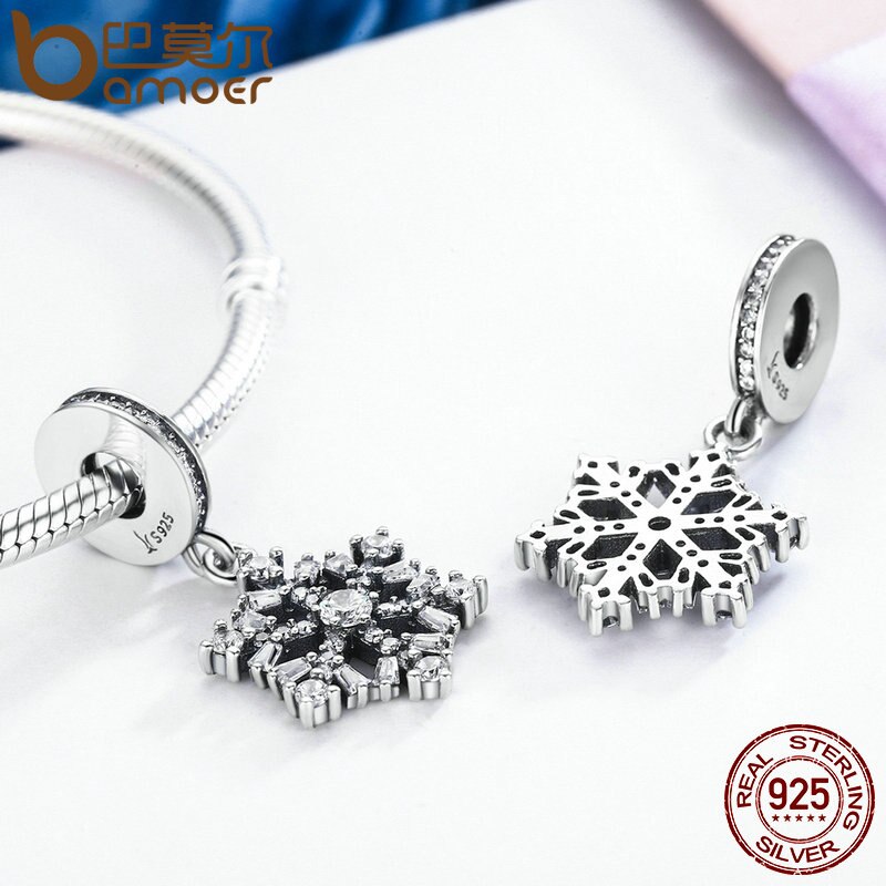 BAMOER 925 Sterling Silver Snowflake Charms Fit Original Bracelet Women Pendant Jewelry Making SCC266