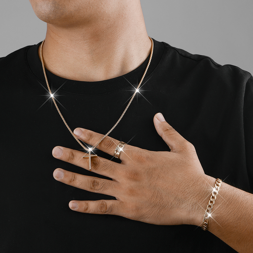 3 piezas hombres personalidad Simple negro acero inoxidable no se decolora Cruz collar anillo pulsera conjunto Accesorios: Color oro puro