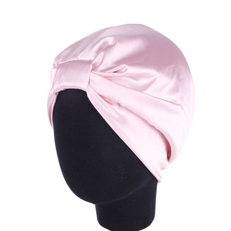 Satin hætte hårhætter salon nat hår hat naturligt krøllet hår dobbelt elastik bade søvn kvinder hovedbetræk wrap hat: Lyserød