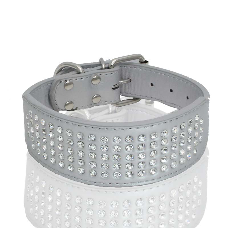 Rhinestone PU Leather Dog Collars 5 Row Diamante Bling for Large Dogs 5cm wide: XXS / Silver